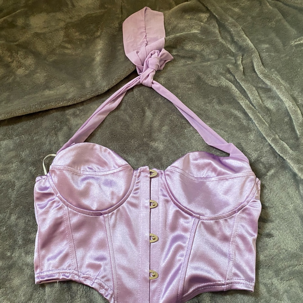 PURPLE CROPPED CORSET HALTER TOP